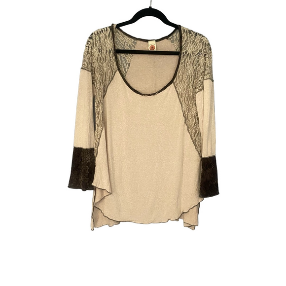 anthropology magnolia LA Tops - Anthropologie Magnolia LA Cream Blouse with Brown Lace & Velvet Accents Size M